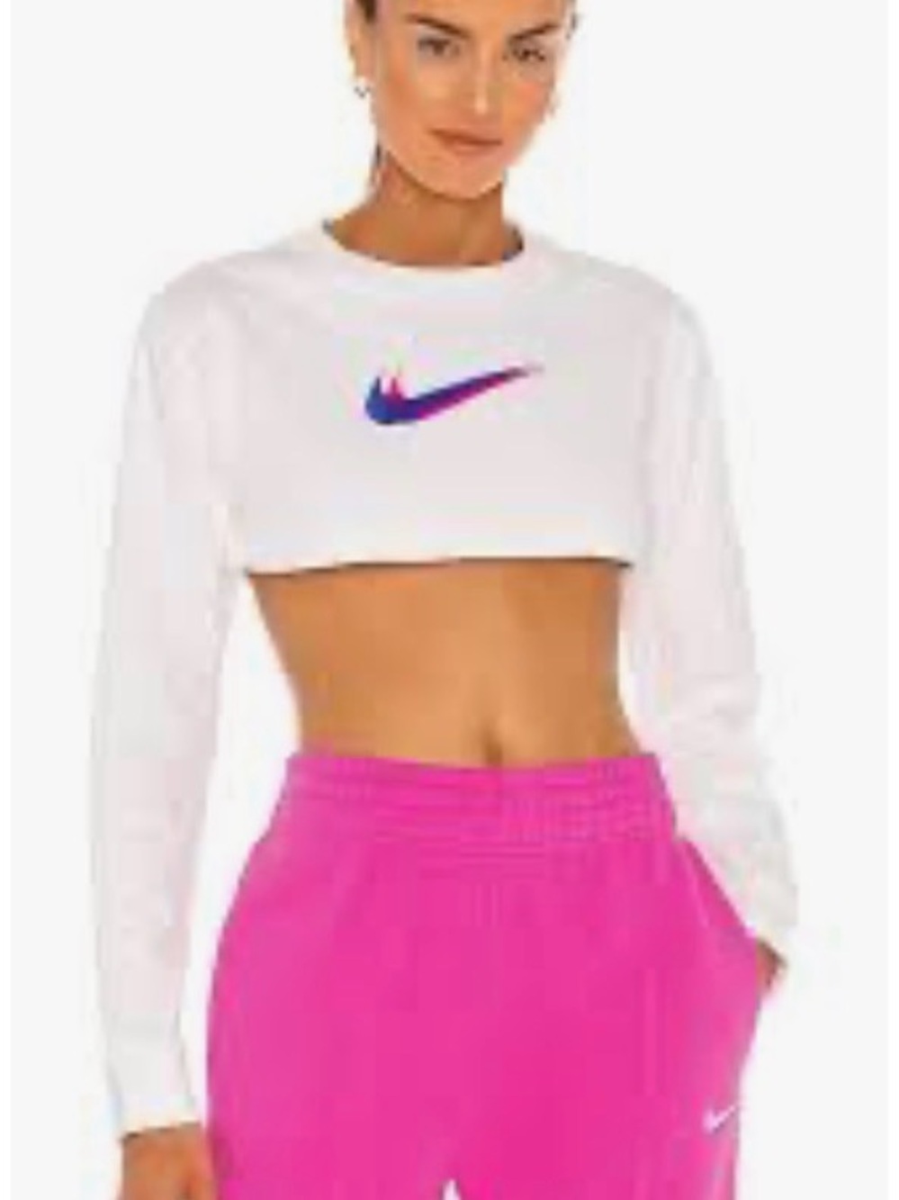 Nike White Cropped Long-Sleeve Top with Multicolor Swoosh